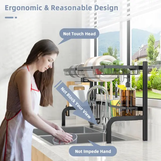 2 Tier Adjustable Over Sink Dish Drying Rack with 8 Hooks {4}