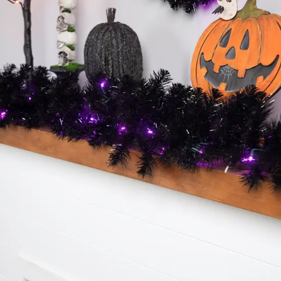 Northlight Pre-Lit Black Crystal Pine Artificial Halloween Garland - 9' x 12" - LED Purple {7}