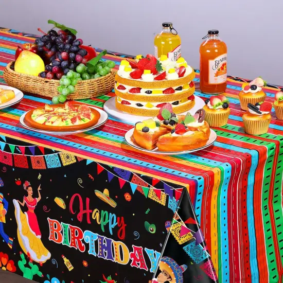3 Pcs Mexican Fiesta Happy Birthday Fiesta Disposable Table Cover Plastic Cinco De Mayo Tablecover for Mexican Taco Night Birthday Party Decorations Supplies, 54 x 108 Inch {5}