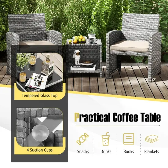 Costway 3 PCS Patio Furniture Set with Tempered Glass Coffee Table & Soft Seat Cushions Gray/Black/White {6}