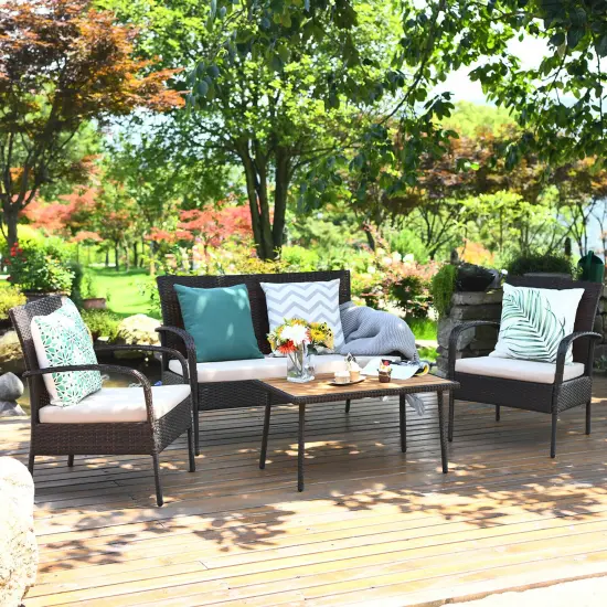 Costway 4PCS Patio Rattan Furniture Set Outdoor Conversation Set Coffee Table w/Cushions {1}