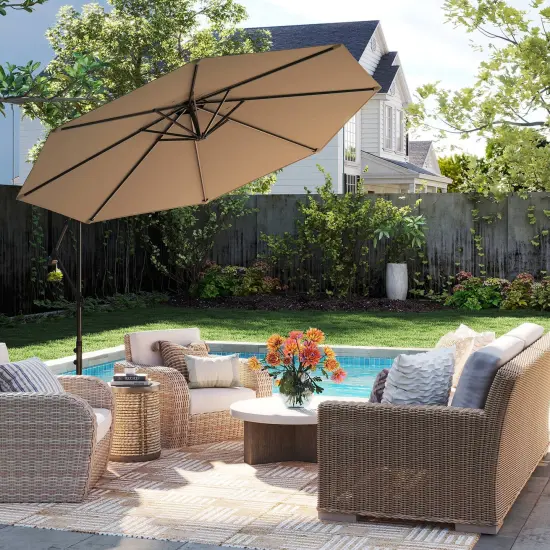 Costway 10' Hanging Umbrella Patio Sun Shade Offset Garden Market W/ T Cross Base Tan {2}