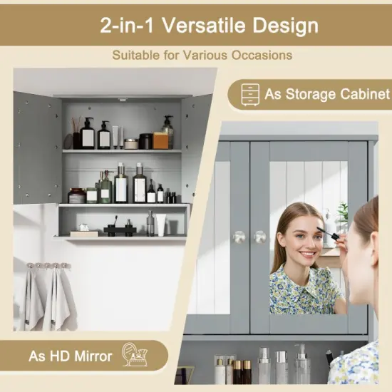 Wall Cabinet with Double Mirror Doors Adjustable Shelf Storage for Bathroom and Bedroom Grey {3}