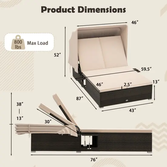 Double Chaise Lounge with Adjustable Backrests, Retractable Canopy & Cushions {5}