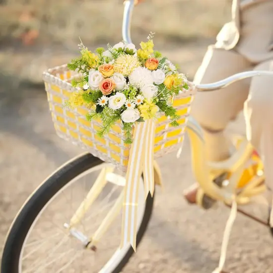 8Pcs Artificial Silk Rose Bouquet Yellow with Faux Lilac Floral Arrangements, White Flowers Picks for Home Table Centerpieces Summer Decorations {3}