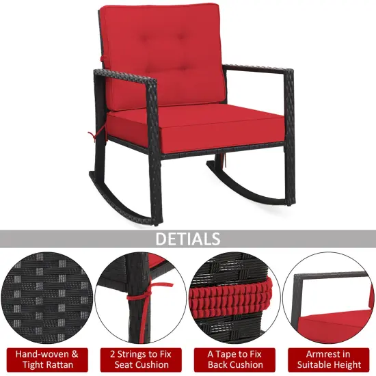 Costway Patio Rattan Rocker Chair Outdoor Glider Wicker Rocking Chair Cushion Lawn Red {6}
