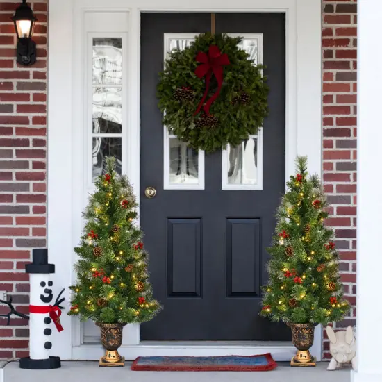 Costway 3/4/5 ft Pre-Lit Christmas Entrance Tree In Urn with 40/60/100 LED Light Red Berries Pine Cone {5}