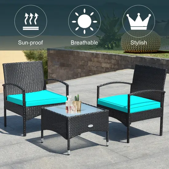 Costway 3 PCS Patio Wicker Rattan Furniture Set Coffee Table & 2 Rattan Chair W/Cushion {12}