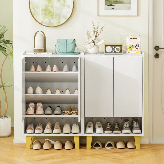 White Wooden 5-Tier Shoe Cabinet with Golden Legs and Flat Tilting Shelves {6}