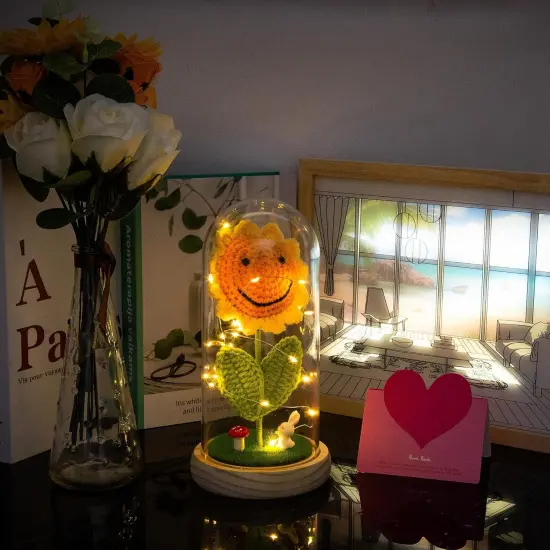 Sunflower Gifts for Women Birthday, Crochet Sunflowers in Dome with LED Strip for Her, Sun Flowers Gifts for Wife Girlfriend Mom on Birthday Mother's Day {3}