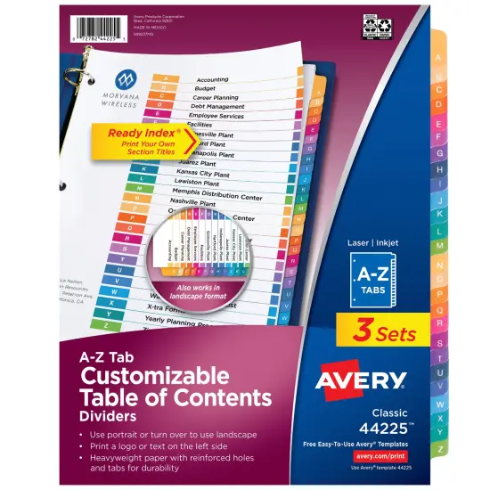 Avery A-Z Dividers for 3 Ring Binders, 26 Tabs per Set, Customizable Table of Contents, Multicolor Tabs (3 Sets of 44225) {1}