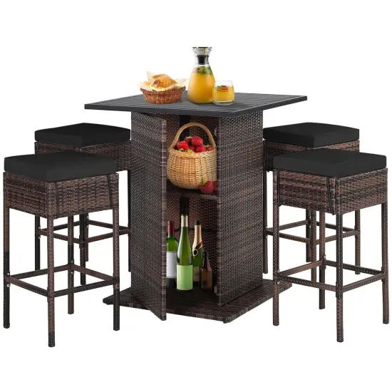 Costway 5PCS Patio Rattan Bar Table Stool Set Hidden Storage Shelf Cushioned {8}