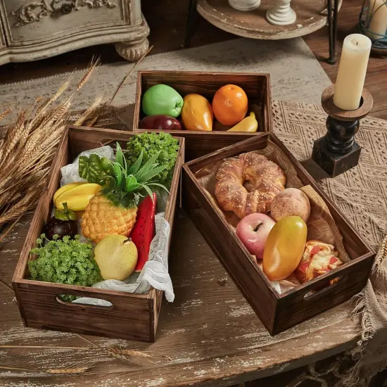 Farmhouse Wood Crate Box Set of 3, Distressed Wooden Crates for Display, Decorative Wood Storage Bins, Rustic Wooden Basket with Side Handles, Home Container Decor for Living Room Outdoor {2}