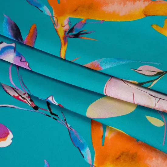 1 Yard Turquoise Pink Multicolor Silk Charmeuse Print Illustrated Watercolor Flowers Made in Italy Width 53" {4}