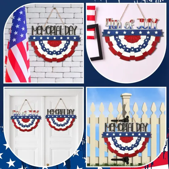 4th of July Decorations Patriotic Door Sign Wooden Memorial Day Wreath Red White Blue American Flag Door Hanger Independence Day Decor for Front Porch Wall Home Outdoor {4}
