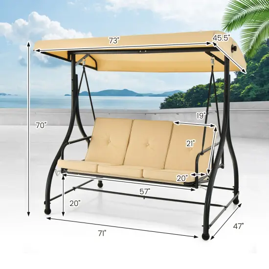 Costway Converting Outdoor Swing Canopy Hammock 3 Seats Patio Deck Furniture beige {3}