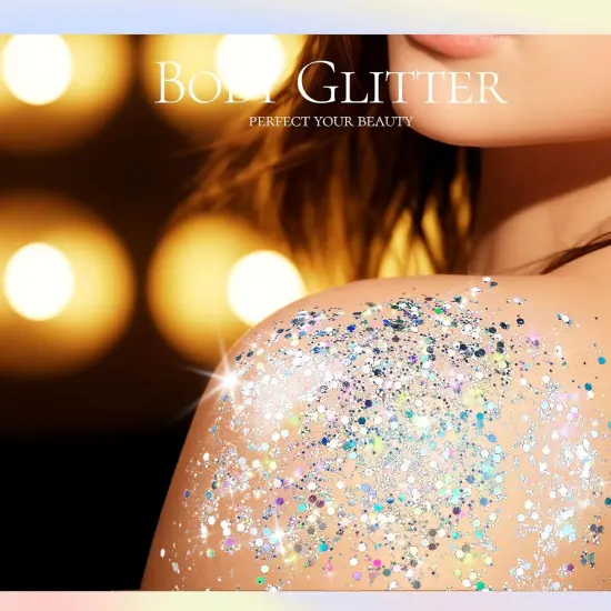 Body Glitter, Body Glitter Gel, Hair Glitter, Face Glitter, Holographic Chunky Makeup Silver Glitter Gel for Face, Makeup, Hair, Eye {5}