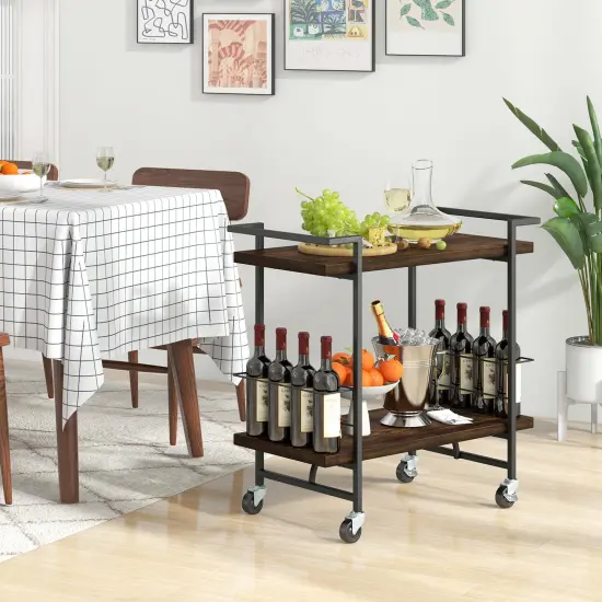Rustic Brown Engineered Wood Metal 2-Tier Home Bar Cart and Easy Mobility {6}