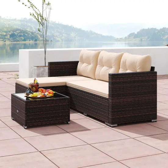 PE Rattan 2-Piece Sectional Sofa Set, Cushioned Seats and Glass Coffee Table {6}