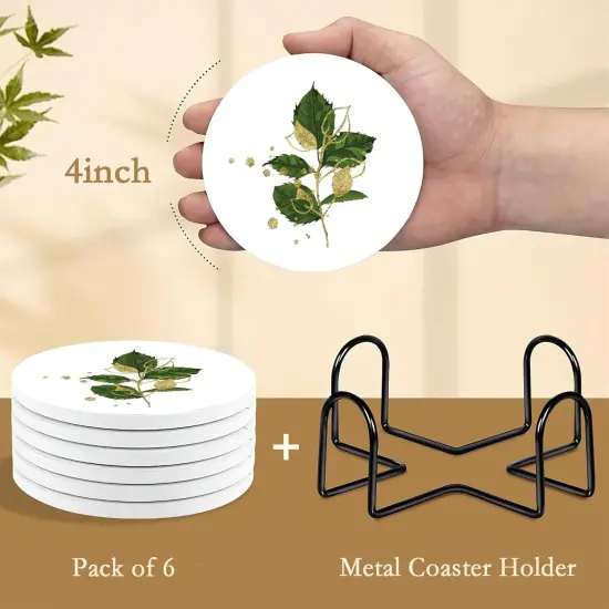 6 Pcs Green Plants Absorbent Ceramic Coasters with Cork Base {2}