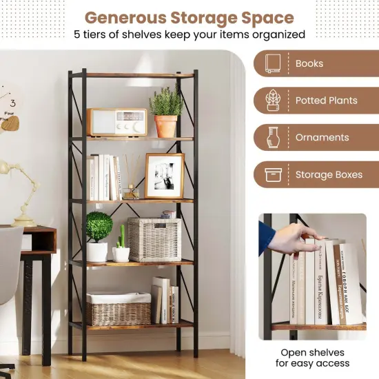 Costway 1/2 PCS 5-Tier Bookshelf, Industrial Tall Bookcase with Open Storage Shelves & Metal Frame Brown {6}
