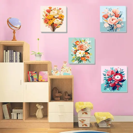 4 Pack Flower Paint by Number for Kids with Wooden Frame-Paint by Numbers for Kids Flowers Ages 4-8-12,Easy Paint with Numbers DIY Acrylic Oil Painting Kits for Home Wall Decor(8X8inch) {4}