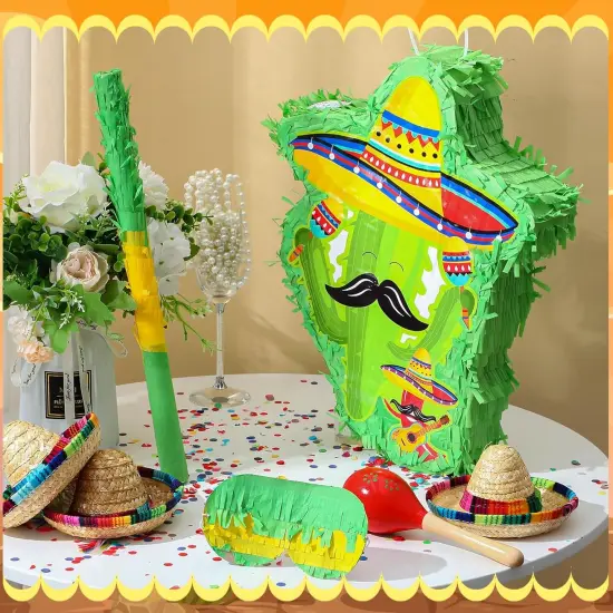 Mexico Cactus Pi&ntilde;ata 16x12x3 Inch Cactus Pi&ntilde;ata with Stick Blindfold and Confetti Pepper Pi&ntilde;ata with Mexico Hat Cinco De Mayo Fiesta Red Chili Pi&ntilde;ata for Party Game {3}