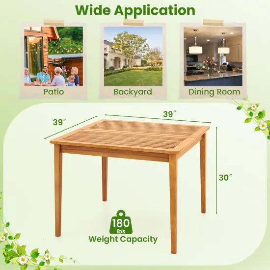 Natural Acacia Wood 4-Person Patio Dining Square Table with Umbrella Hole {5}
