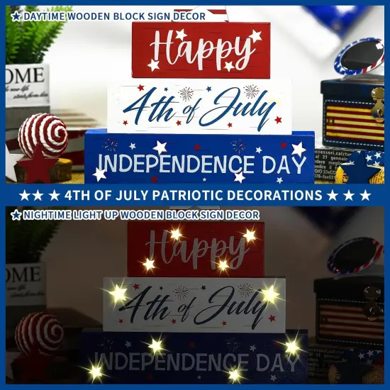 4 Pcs Happy 4th of July Wooden Block with Light LED Memorial Day Tabletop Centerpieces 10.8"H Light up Patriotic Wood Sign for Tiered Tray Decor {4}