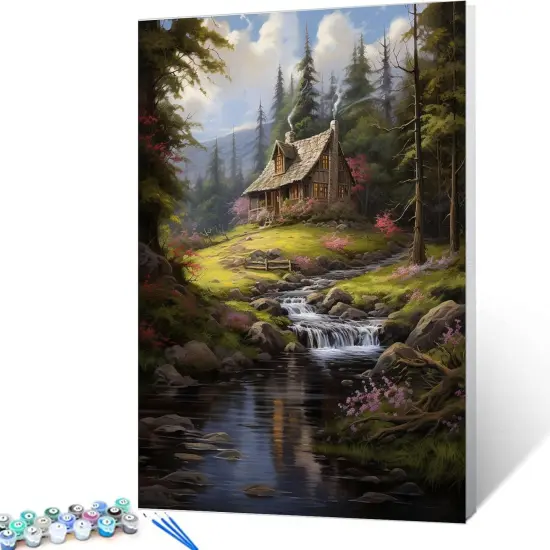 Paint by Numbers Cabin in the Forest DIY Painting On Canvas, Paintwork with Paintbrushes Acrylic Paints,Perfect for Paint by Numbers for Adults and Kids Students Beginner Without Framed 16''x20'' {1}