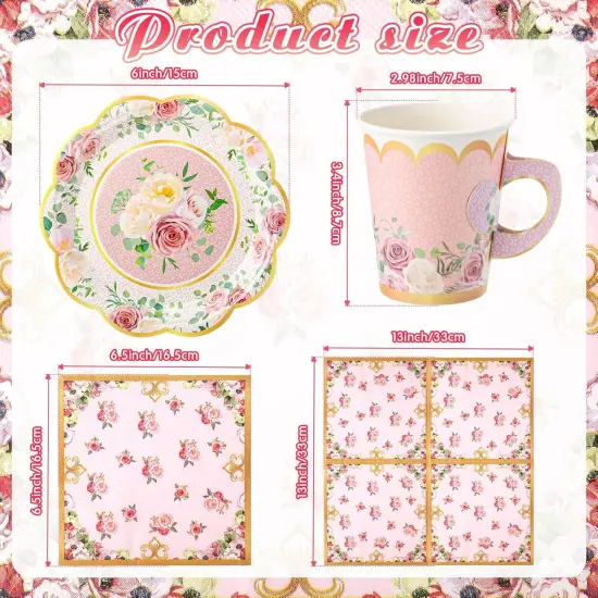 150 Pcs Tea Party Decorations for Tables 9 oz Floral Disposable Paper Tea Cups with Handles Plates Saucers Napkins for Summer Spring Party(Classic Style) {2}
