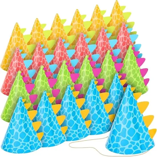 24 Pack Dinosaur Party Hats for Dino Party Supplies, T-Rex Theme Birthday, Baby Shower Decorations (4 Colors) - Dinosaur Birthday Decorations {1}