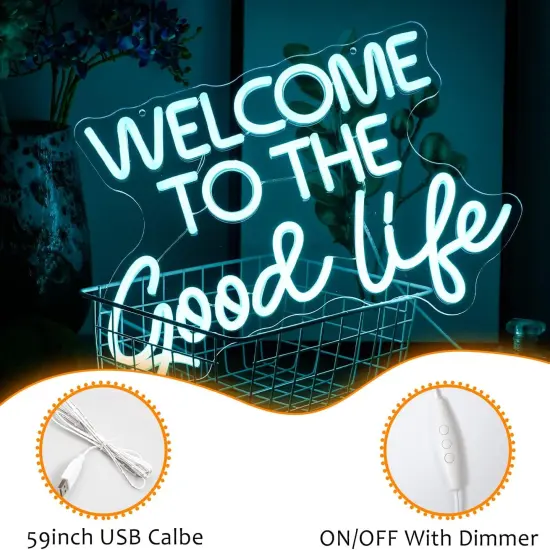 Summer "Welcome To The Good Life" Neon Sign &ndash; Ice Blue LED Light, Dimmable, USB Powered, 16.5&rsquo;&rsquo; x 11&rsquo;&rsquo; &ndash; Cool Wall Decor for Beach Parties, Poolside Hangouts, Kids Rooms, and Summer Gifts {3}