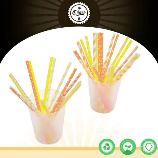 Yellow Orange Paper Straws for Drinking Yellow Disposable Straws 150pcs Biodegradable Disposable Straws Bulk(10 Pattern) {3}