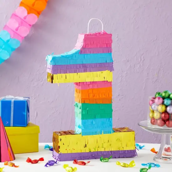 Rainbow Number 1 Pinata for 1st Birthday Party Decorations, Fiesta, Cinco de Mayo, Anniversary Celebration (Small, 16.5 x 11 x 3 Inches) {2}