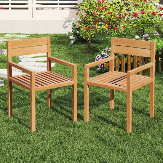 Costway 1/2/4 PCS Outdoor Teak Wood Chair Patio Dining Armchair with Slatted Seat & Backrest {2}