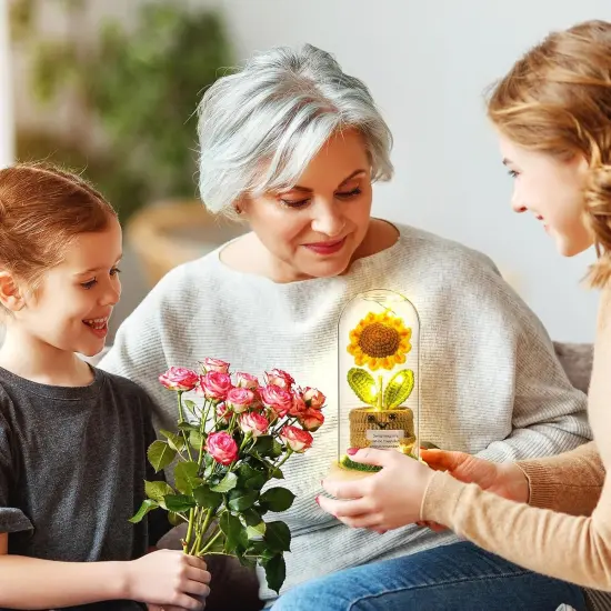 Sunflower Gifts for Women 9'' Crochet Sunflower Gifts for Her Wife Girlfriend Mom Light up Flower in Glass Dome Gift for Birhday {4}
