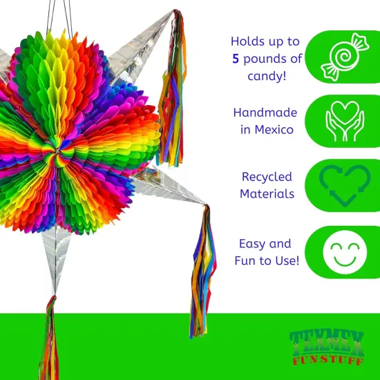Mexican Star Pinata (33" Jumbo) with 30-ft Rope | Rainbow Mexican Pi&ntilde;ata | Large Handmade Pi&ntilde;ata for Cinco de Mayo, Birthday Parties, Fiesta Celebrations {2}