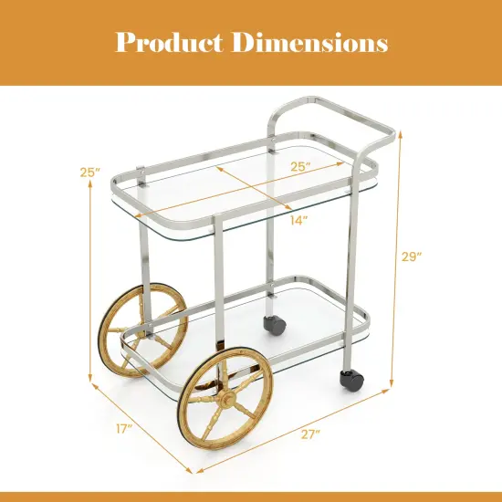 Transparent Glass Stainless Steel 2-Tier Glass Serving Bar Cart with Wheels {5}