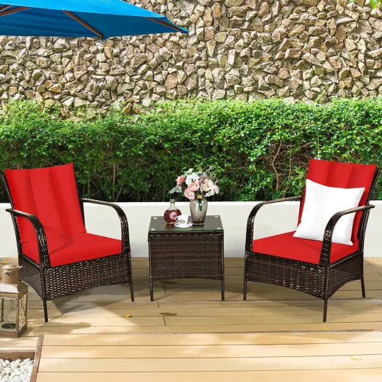 Costway 3 PCS Patio Rattan Furniture Set Coffee Table & 2 Rattan Chair W/Red Cushions {4}