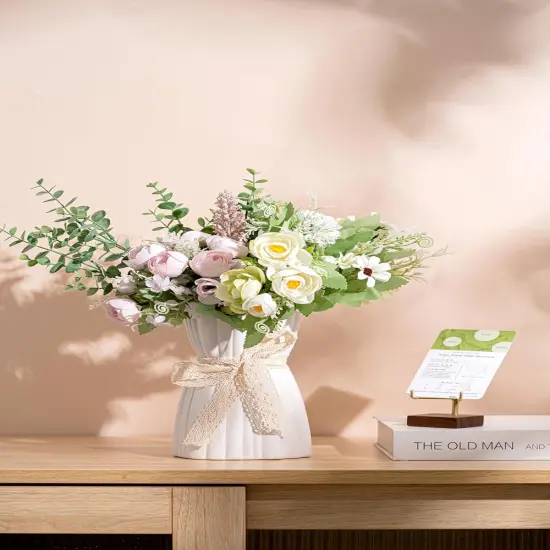 White Vase -Flower Vase, Small Vases for D&eacute;cor, Ceramic Vase for Shelf D&eacute;cor, Table D&eacute;cor, Decorative Vase for Bookshelf, Fireplace Mantle, Office, Centerpieces, Petite Farmhouse D&eacute;cor, 7.7" {2}