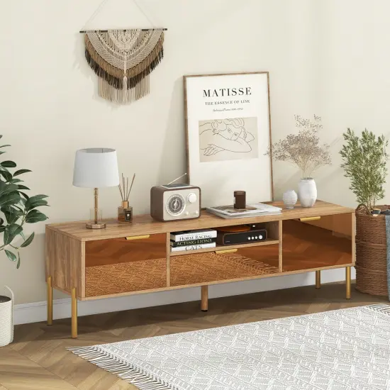Natural Wood TV Stand with Mirror Accents, 65 inches Console {2}