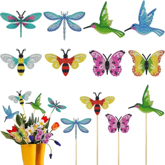 8 Pcs Butterfly Diamond Painting Kits for Adults Hummingbird Small Diamond Art Kits for Garden Decor Butterfly Bee Diamond Painting Garden Stakes Kits Crafts for Adults {1}
