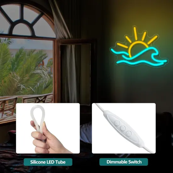 Summer Sunrise Sunset Neon Sign, Dimmable Sun Sea Wave LED Neon Light for Wall Decor, USB Powered Ocean Surf Neon Signs, Acrylic Sun Sign for Bedroom Living Room Bar Cafe Game Room Birthday Party {5}