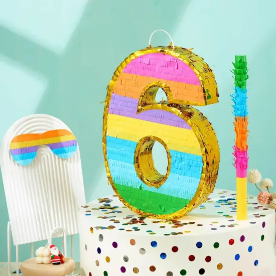 Rainbow Number 6 Pinata for 6th Birthday Party Decorations, Fiesta, Kids Anniversary Celebration, Birthday Pinata with Stick, Blindfold and Confetti (Small, 16.5 x 11.5 x 3 In) {4}
