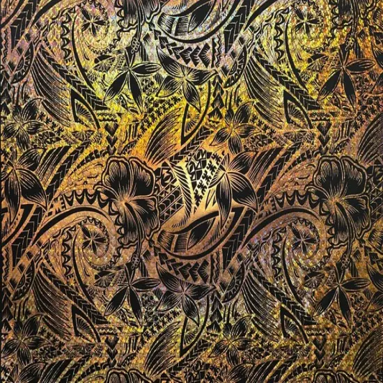 1 Yard Hibiscus Plumeria Polynesian Tattoo Polyester Foil Fabric, 36" x 60" Yard Unique Floral Shine for Apparel & Crafts Beige & Royal {6}