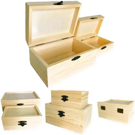 12 Pc Rectangle Unfinished Wood Box Natural DIY Craft Stash Boxes with Hinged Lid and Front Clasp for Arts Hobbies Comes in 2 Different Sizes {1}