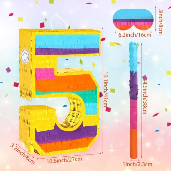 Rainbow Number 5 Pinata with a Blindfold and Bat for Boys Girls 5th Birthday Party, Kids Anniversary Celebration, Fiesta Supplies {2}