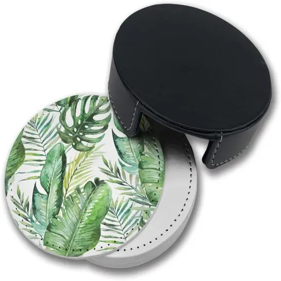 Set of 6 Green Tropical Palm and Fern Leaves Leather Drinks Coasters with Holder {4}