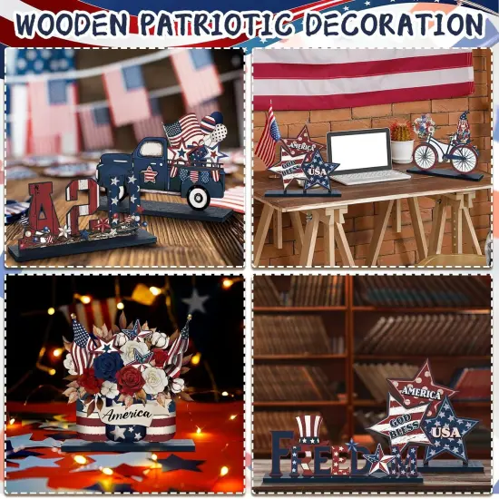 6 Pcs Memorial Day Wooden Table Decor Patriotic Wood Sign Tabletop Centerpiece Rustic USA Star Decorations for Office Desk Farmhouse Home Kitchen Tiered Tray Decor Shelves Table Decorations {5}